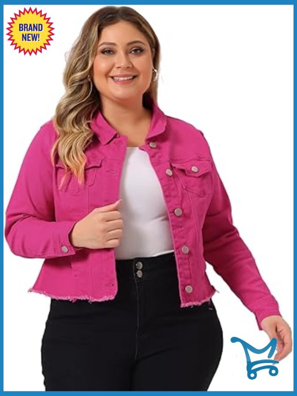 Women's Classic Washed Frayed Denim Jacket Plus Size Button Front Long Sleeve